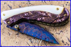 DC Custom Folding Knife Color Damascus Carved White Pearl Anodised Titanium
