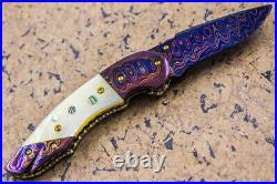 DC Custom Folding Knife Color Damascus Yellow Pearl Anodised Titanium Topaz Stud