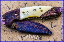 DC Custom Folding Knife Color Damascus Yellow Pearl Anodised Titanium Topaz Stud