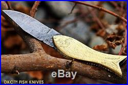DKC-597 BRASS Mama Fish Bass Trout Fishing Pocket Folding Damascus Hunting Knife