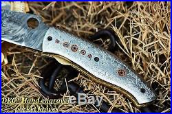 DKC-619 TEMPEST Damascus Steel Knife Folding Pocket Knife Hand Engraved 8 Long