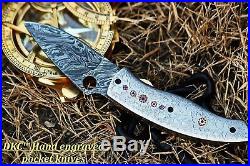 DKC-619 TEMPEST Damascus Steel Knife Folding Pocket Knife Hand Engraved 8 Long