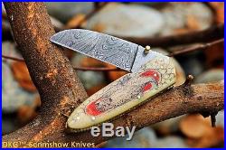 DKC-66 TROUTMAN Bone Damascus Folding Pocket Knife 5 Folded, 8.5 Open 8 Oz. Tr