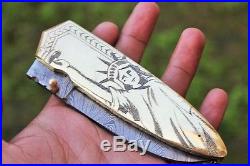 DKC-67 LADY LIBERTY Brass Damascus Folding pocket Knife Polished Brass 5 Folded