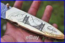 DKC-70 GOLDEN GATE Bridge Brass Damascus Folding Pocket Knife Polished Brass 5