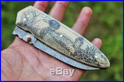 DKC-71 DUCK Pond Bone Damascus Folding Pocket Knife 5 Folded, 8.5 Open 8 Oz ver