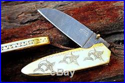 DKC-76 MARLIN Fish BRASS Damascus Folding Pocket Knife 5 Folded, 9 Open 11.5 O
