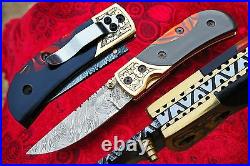 Damascus 3.0 Blade Folding knife with buffalo horn, Engraved Bolsters-UDK-F-76