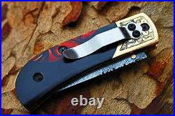 Damascus 3.0 Blade Folding knife with buffalo horn, Engraved Bolsters-UDK-F-76