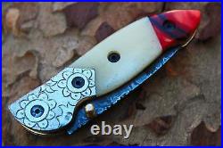 Damascus 3.0Blade Custom Folding knife withSteel Engraved Bolsters, Clip, Bone-F-23