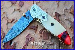 Damascus 3.0Blade Custom Folding knife withSteel Engraved Bolsters, Clip, Bone-F-23