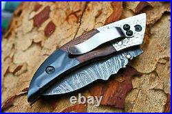 Damascus 3.0Blade Folding knife withEngraved Steel Bolsters, Walnut Wood-UDK-F-87
