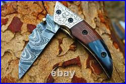 Damascus 3.0Blade Folding knife withEngraved Steel Bolsters, Walnut Wood-UDK-F-87