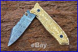 Damascus 3.4 Blade Custom Folding knife withBrass Engraved Handle, Clip -UDK-F-105