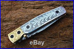 Damascus 3.5 Blade Custom Folding knife withLock, Steel Engraved Handle UDK-F-101