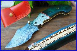 Damascus 3.5Blade Folding knife with Dyed Bone, Engraved Steel Bolsters-UDK-221