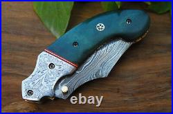 Damascus 3.5Blade Folding knife with Dyed Bone, Engraved Steel Bolsters-UDK-221