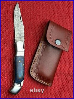 Damascus Back Lock Folding Knife, 7.5 Steel Bolster, Blue Micarta Handle NEW