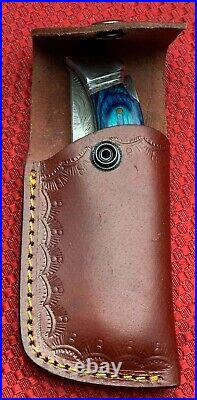 Damascus Back Lock Folding Knife, 7.5 Steel Bolster, Blue Micarta Handle NEW