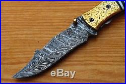 Damascus Blade Custom Handmade 9.1 Folding Pocket Knife Engraved Brass Kirinite