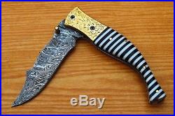 Damascus Blade Custom Handmade 9.1 Folding Pocket Knife Engraved Brass Kirinite