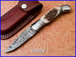 Damascus Blade Pocket (Folding) Knife Stag Handle
