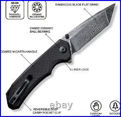 Damascus Blade Tanto Black Micarta Handle Knife Folding Pocket Gift VP92