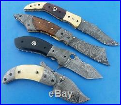 Damascus Custom Handmade Lot of 4 Folding Knives 8.5 Ram Horn Handle