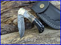 Damascus Deer Antler Buffalo Horn Knife Folding Pocket Stag Horn Leather NRW6