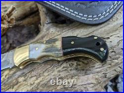 Damascus Deer Antler Buffalo Horn Knife Folding Pocket Stag Horn Leather NRW6