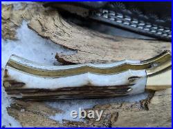 Damascus Deer Antler Knife Folding Pocket Stag Horn Leather Sheath NRW3