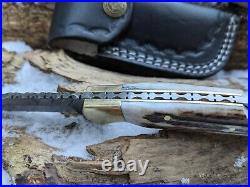 Damascus Deer Antler Knife Folding Pocket Stag Horn Leather Sheath NRW3