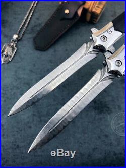Damascus Flipper Folding Knife Dagger Tool Camping Knife Collectible With Sheath