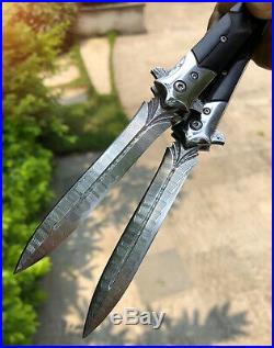 Damascus Flipper Folding Knife Dagger Tool Camping Knife Collectible With Sheath
