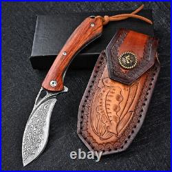Damascus Folding Blade Pocket Knife Tactical Camping Knife Leather Sheath