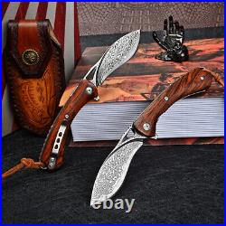 Damascus Folding Blade Pocket Knife Tactical Camping Knife Leather Sheath