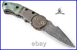 Damascus Folding Knife, Damascus Pocket Knife, With leather Sheath