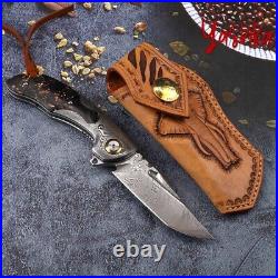 Damascus Folding Knife EDC Tacticsl Tool Handmade Leather Scabbard Hunting Gold