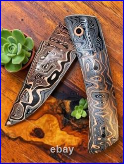 Damascus Folding Knife Fossil Mammoth Handle & Copper Bolsters Handmade