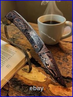 Damascus Folding Knife Fossil Mammoth Handle & Copper Bolsters Handmade
