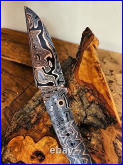 Damascus Folding Knife Fossil Mammoth Handle & Copper Bolsters Handmade
