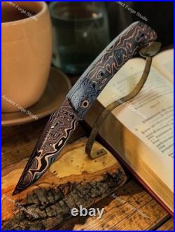Damascus Folding Knife Fossil Mammoth Handle & Copper Bolsters Handmade