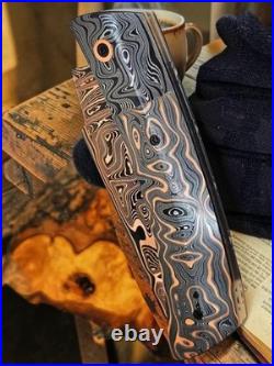 Damascus Folding Knife Fossil Mammoth Handle & Copper Bolsters Handmade