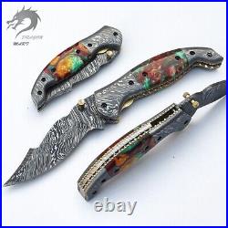 Damascus Folding Knife, Handmade Pocket Folding Knife With Leather Sheath
