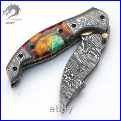 Damascus Folding Knife, Handmade Pocket Folding Knife With Leather Sheath