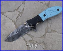 Damascus Folding Knife Powder coated Bolster Resin sheet Turquoise look Handle