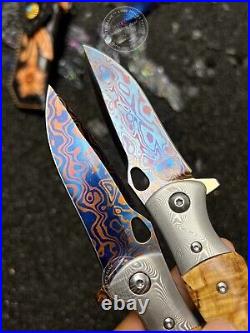 Damascus Folding Knife Survival Ball Bearings Collectible Pocket Knife EDC Maple