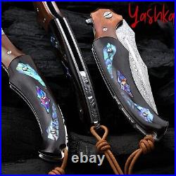 Damascus Folding Knife VG10 Steel Travel Tool Black Ebony Titanium Handle Knives