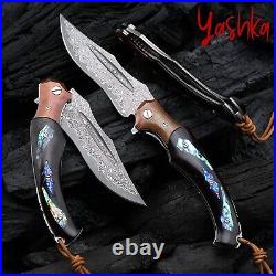 Damascus Folding Knife VG10 Steel Travel Tool Black Ebony Titanium Handle Knives