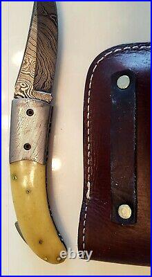 Damascus Folding Knife with Bone Handle with Scabbard. Very Nice Workmanship